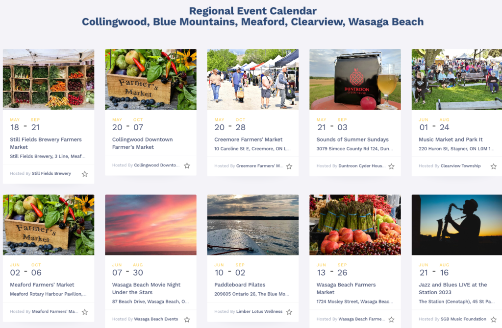 Calendar view of the events happening in South Georgian Triangle over July and August 2023.